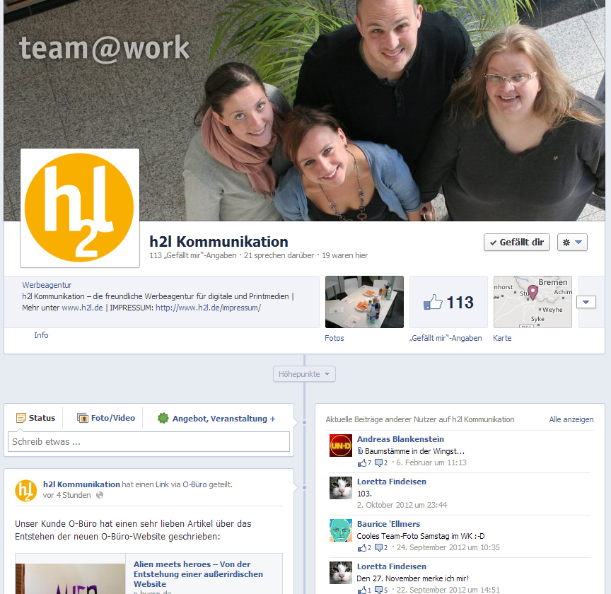 Screenshot der h2l-Facebook-Seite